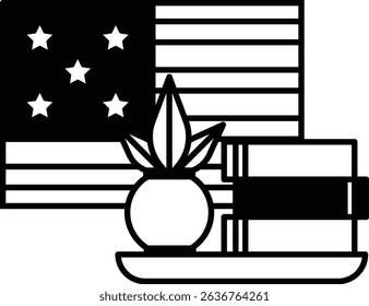 A black and white drawing of a plant with a leaf and a flag with stars. The drawing is of a patriotic theme