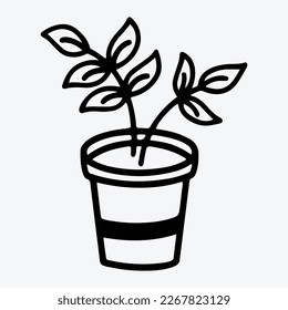 A black and white drawing of a plant in a pot vector illustration