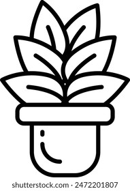 A black and white drawing of a plant in a pot. The plant is a small green leafy plant with a stem