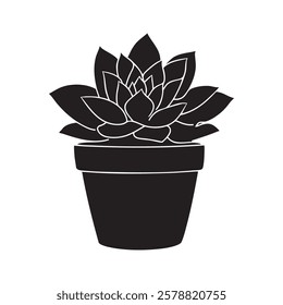A black and white drawing of a plant in a pot