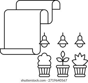Un dibujo en blanco y negro de una planta con un pergamino a la izquierda y tres plantas en maceta a la derecha