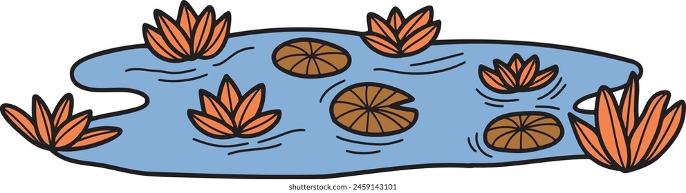 A black and white drawing of a pond with lilies and water lilies. The pond is surrounded by grass and has a calm, peaceful atmosphere