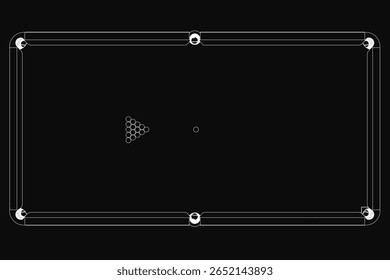 A black and white drawing of a pool table features eight balls arranged in a perfect triangle formation. The crisp white lines of the table stand out against a solid black background.