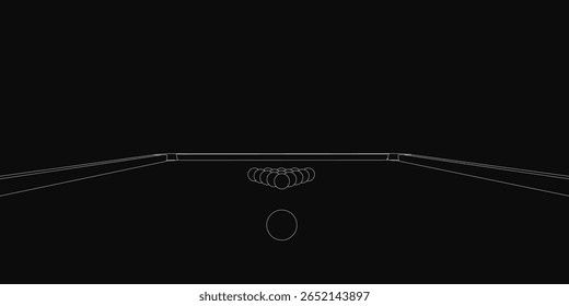 Um desenho em preto e branco de uma mesa de bilhar com bolas de bilhar espalhadas, colocado sobre um fundo escuro para contraste. A ilustração minimalista destaca linhas limpas e detalhes precisos do jogo.