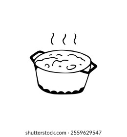 A black and white drawing of a pot of soup