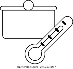 Eine schwarz-weiße Zeichnung eines Topfes und eines Thermometers. Der Topf befindet sich auf der linken Seite des Thermometers und das Thermometer ist auf der rechten Seite
