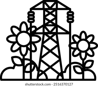 A black and white drawing of a power line and two flowers. Scene is peaceful and serene, with the flowers representing nature