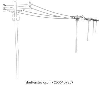 A black and white drawing of a power line. The power line is long and has three wires. Concept of power and energy, as well as the importance of electricity in our daily lives