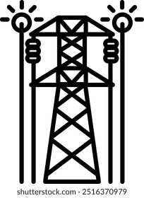 A black and white drawing of a power tower with lights on top. The tower is lit up and has a moody, industrial feel to it