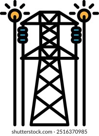 A black and white drawing of a power tower with lights on top. The tower is lit up and has a moody, industrial feel to it