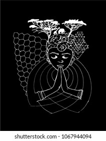 Black and white drawing of a praying person with closed eyes, spiral on forehead and African theme.