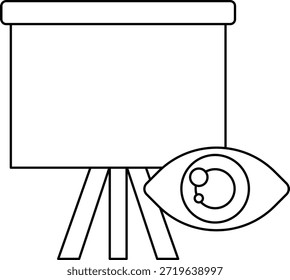 Un dibujo en blanco y negro de una pantalla de proyector con un ojo en el centro. El ojo está mirando la pantalla del proyector, como si tuviera curiosidad por lo que se proyecta. La pantalla del proyector es Grande