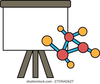Un dibujo en blanco y negro de una pantalla de proyector con una molécula. La molécula es un grupo de átomos y está rodeada por un círculo de los Pequeños átomos. El dibujo transmite la idea de la ciencia