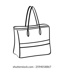 A black and white drawing of a purse. The purse is large and has a strap. The purse is sitting on a white background