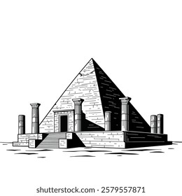 A Black and White Drawing of a Pyramid With Columns.