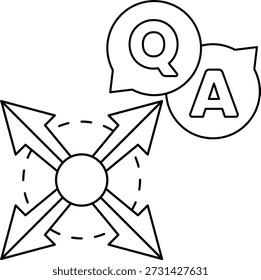 A black and white drawing of a question mark and an arrow pointing to a letter A. The drawing is simple and straightforward, with no additional details or embellishments
