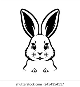 Black and white drawing of a rabbit with big ears, suitable for naturethemed designs, childrens illustrations, Easter greeting cards.