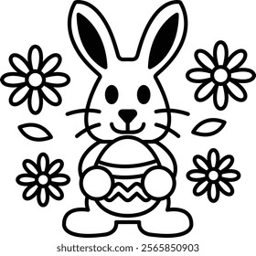 A black and white drawing of a rabbit holding an Easter egg. The rabbit is surrounded by flowers, which adds a sense of springtime and celebration to the image