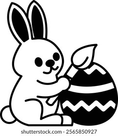 A black and white drawing of a rabbit holding an Easter egg. The rabbit is sitting on the ground and he is holding the egg with its paws. Concept of innocence and playfulness