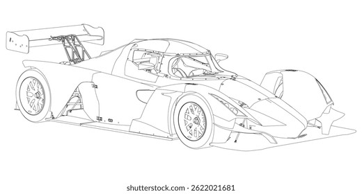 A black and white drawing of a race car. The car is sleek and aerodynamic, with a pointed front and a long, slender body. The wheels are large and the car appears to be in motion