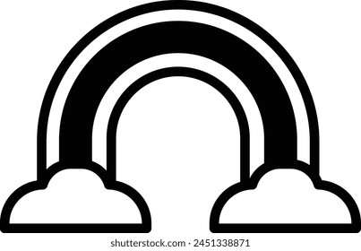 A black and white drawing of a rainbow with clouds in the background. The rainbow is curved and spans the entire width of the image