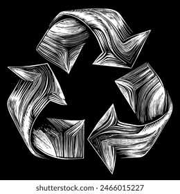 Black and white drawing of recycling symbol on black background
