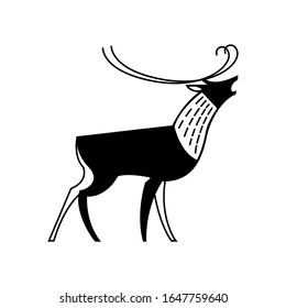 Black and white drawing of a reindeer howling. Logo, badge, badge, emblem, label. Vector illustration.