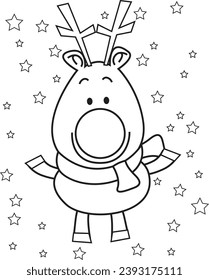 A black and white drawing of a reindeer surrounded by stars. The reindeer has a peaceful expression on its face. Coloring Activity