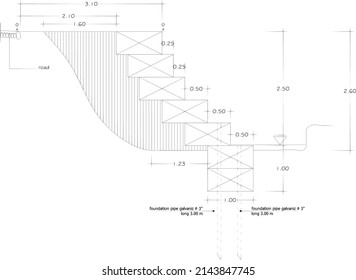 black and white drawing of a retaining wall made of gabions
