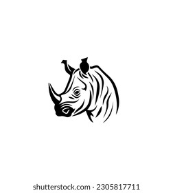 Black and white drawing of a rhinoceros for coloring, or a rhinoceros logo on a white background. Vector illustration