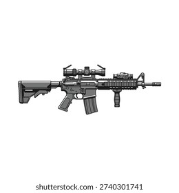 A black and white drawing of a rifle with a scope