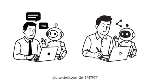 Black And White Drawing Of Robot Assisting Man With Digital Work.