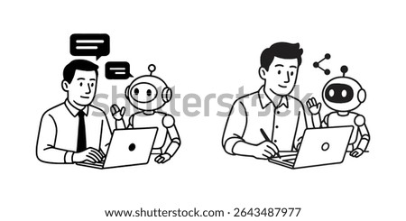 Black And White Drawing Of Robot Assisting Man With Digital Work.