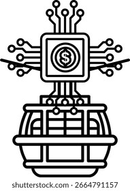 Un dibujo en blanco y negro de un robot con un signo de dólar. El robot está rodeado de muchos cables y circuitos