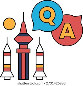 A black and white drawing of a rocket with a question mark and an A above it. The drawing is of a city with a tall building in the background