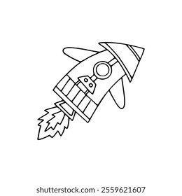 A black and white drawing of a rocket ship