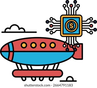 A black and white drawing of a rocket ship with a dollar sign on the side. The rocket ship is surrounded by a cloud and a small rock