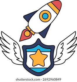 A black and white drawing of a rocket with a star and shield. The rocket is flying through the sky and the shield is on the ground. Concept of adventure and exploration