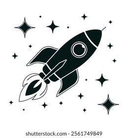 A black and white drawing of a rocket with a starry background, vector space illustration