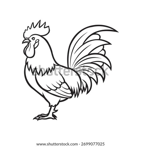 Black and white drawing of a rooster. Simplistic design perfect for coloring pages, educational material, or clip art. Symbol of farm life and agriculture.
