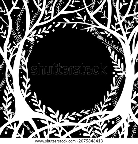 black and white drawing, round frame with a magic, fairy forest. ornament trees and herbs. background for books, postcards.
