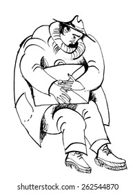 black and white drawing of a sad man with a briefcase