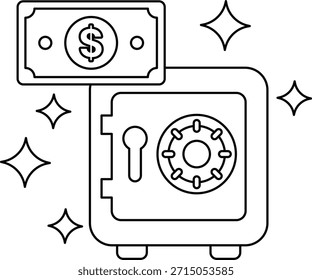 Un dibujo en blanco y negro de una caja fuerte con un billete de un dólar y una moneda en el interior. Concepto de mantener el dinero seguro