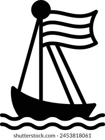 A black and white drawing of a sailboat. The boat is small and has a flag on top. The boat is positioned in the center of the image
