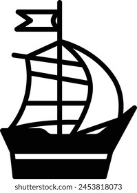A black and white drawing of a sailboat. The boat is small and has a flag on top. The boat is positioned in the center of the image