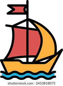 A black and white drawing of a sailboat. The boat is small and has a flag on top. The boat is positioned in the center of the image