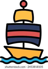 A black and white drawing of a sailboat. The boat is small and has a flag on top. The boat is positioned in the center of the image