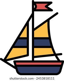A black and white drawing of a sailboat. The boat is small and has a flag on top. The boat is positioned in the center of the image