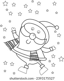 A black and white drawing of Santa Claus surrounded by stars, with a festive atmosphere. For coloring activity