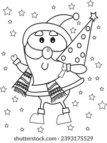 A black and white drawing of Santa Claus surrounded by stars, with a festive atmosphere. For coloring activity